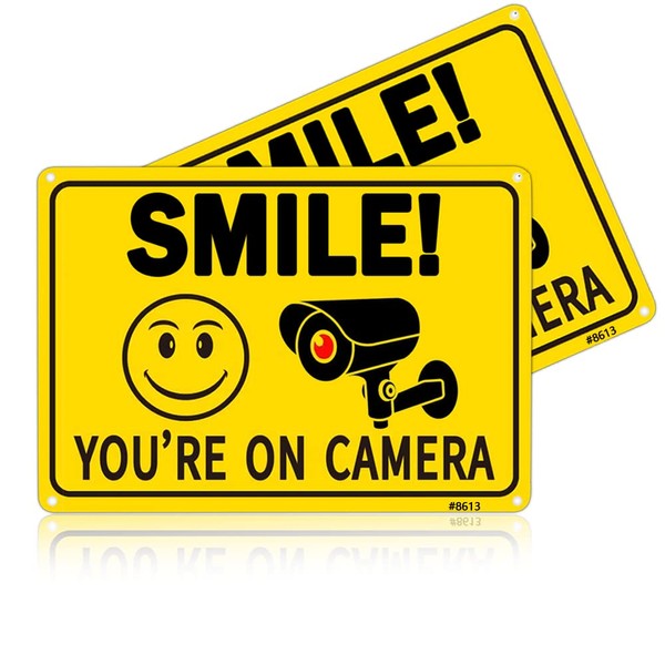 Surveillance Camera Sign, 10x7 inches, ‘SMILE! You’re on Camera’, Premium UV Printed Aluminum Anti-Theft Weatherproof, Waterproof, Corrosion-Resistant, Bright Yellow Background, Safety Alert for Shop, Home, Office, Set of 2