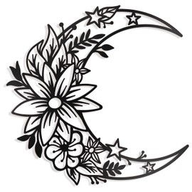Vivegate Moon Metal Floral Art Decor - 14"X13.5" Black Boho Large Floral and Star Phase Wall Signs for Half Moon Flower Sculpture Hanging Wall Decor for Bedroom