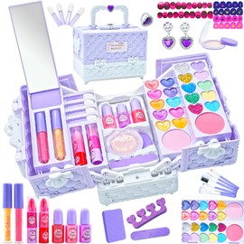 Kids Makeup Sets for Girls - 52 PCS Safe and Washable Makeup for Kids, Real Toddler Makeup Kit with Cosmetic Case, Girls Toys Age 4-12, Princess Toys Birthday Gift(Light Purple)
