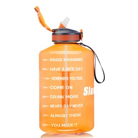 SLUXKE 1Gallon Water Bottle with Straw BPA Free, 128oz Motivational Drinking Bottles with Time Marker, Huge Reusable Leak Proof Gym Water Jug with Flip Top Lid for Camping Yoga Sports ORANGE