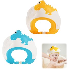 2 Pcs Gorro De Ducha Dinosaurio Para Niños, Gorro De Champú Ajustable, Bebe Gorro Lavado De Pelo, Gorro De Baño De Silicona Con Protección Para Los Oídos y Los Ojos (Amarillo &Azul)