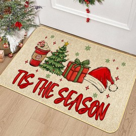 Christmas Doormat Tis The Season Door mat Xma Welcome Indoor Outdoor Entrance Mat Bathroom Non-Slip Rubber Backed Greeting New Year's Eve Party Decorations 17 X 29 Inches