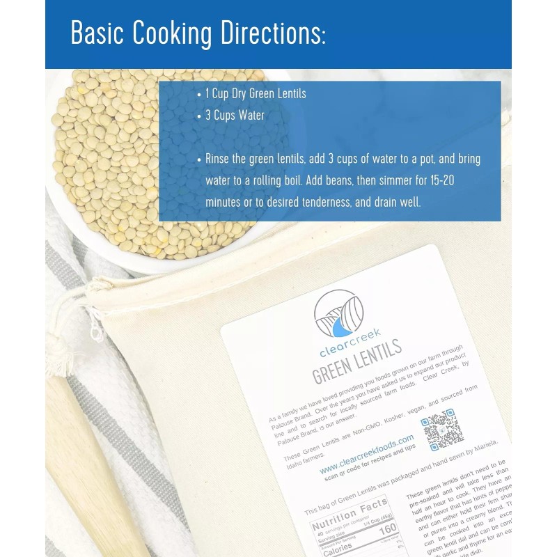 Clear Creek Bulk Green Lentils, 18 LBS