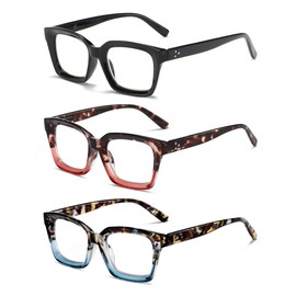 ZXYOO 3 Pack Oversize Square Design Reading Glasses for Women,Fashion Readers with Spring Hinge (Black&Blue sunset&Pink sunset, 1.25)