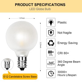 G40 Led Frosted White Replacement Light Bulbs, E12 Led Candelabra Globe Light Bulbs, 1.5 Inch Frosted String Lights Bulbs for Indoor Outdoor, 0.6 Watt E12/C7 Base Chandelier Light Bulbs-25 Pack