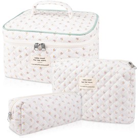 Makeup Bag Set, Quilted Makeup Bag, Large Floral Cosmetic Bag for Women, Cute Cotton Makeup Bag, Flower Travel Toiletry Organizer Bag (Flower)