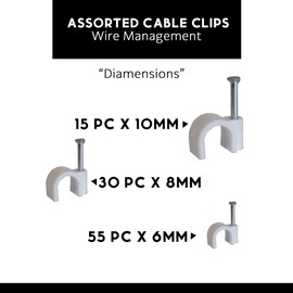 100 Pcs Cable Clips White, 6mm, 8mm, 10mm Cable Holder Management Wire Tidy Clips, Strong Nails Wall Clips