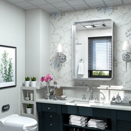 TokeShimi 24 x 32 Inch Brushed Silver Bathroom Mirror for Wall Brushed Brass Metal Rounded Corner Rectangle Mirror Metal Frame Deep Set Design Hangs Horizontal Or Vertical