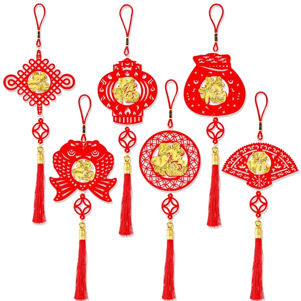 HOWAF 6pcs Chinese New Year Hanging Decorations Ornament, Gold Red Tassel Chinese Knot Pendant Spring Festival Decorations Hanging for Car Door Window Wall Home Decoration
