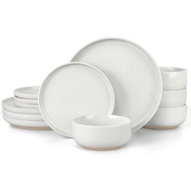LIANYU Dinnerware Dishes Sets for 4, 12 Piece Stoneware Plates and Bowls Sets, Kitchen Dining Dishware Tableware, Microwave & Dishwasher Safe, Snowy White