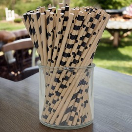 MIJOMA Paper Straws, Eco-Friendly Paper Straws for Children's Birthday, Wedding, Baby Christening, Party - Biodegradable (Natural, Hearts & Stripes, Pack of 100)
