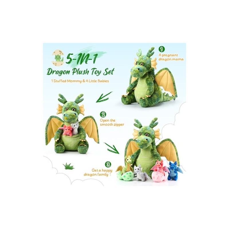 7 Pcs Dragon Plush Toys Gift Set 15.75" Large Dragon