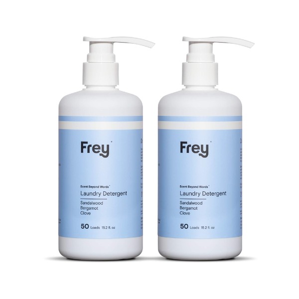 FREY Concentrated Natural Laundry Detergent - 50 Concentrated Loads of Long Lasting High Efficiency Liquid Laundry Detergent - Eco Friendly Blend of Great Smelling Biodegradable Natural Ingredients, Sandalwood/Bergamot/Clove, 2 Pack
