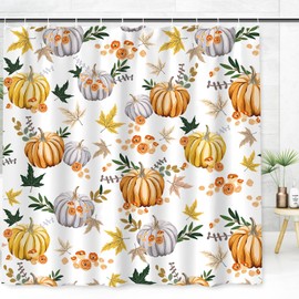 JarThenaAMCS Fall Shower Curtain Pumpkin Leaves Bathroom Curtain with Hooks for Autumn Harvest Thanksgiving Home Hotel Bathroom Supplies, 72 x 72 Inch