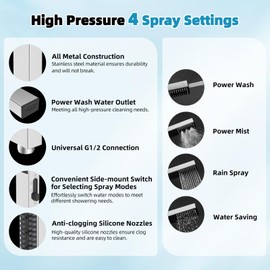 Hibbent All Metal High Pressure 10'' Rainfall Shower Head, Showerhead Combo with 4-mode Handheld Spray, 12'' Adjustable Extension Arm, Extension Bar, Easy Reach Holder, 71'' Hose, Chrome