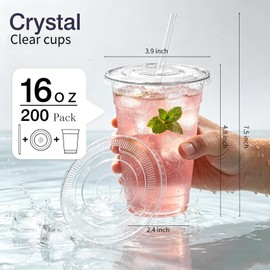 ARTLYMERS 200 Pack 16 oz Clear Plastic Cups with Lids and Straws, Crystal Iced Coffee Cups with Lids for Cold Drinks, Disposable To Go Cup for Smoothie, Dirty Soda, Lemonade, Coffee Accessories