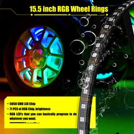 SUNPIE RGB Lights Wheel Lights for Truck 15.5inch Wheel Well Lights for All Vehicle with 18 or 19inch Tire, Rim Lights Ring Sync to Music Color Changing with Remote and Switch Extension Wire