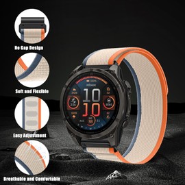 RosMank 22mm Quickfit Nylon Watch Band Compatible with Garmin Fenix 8 Fenix E 47mm/7 Pro/7/6 Pro/6, Soft Loop Replacement Strap for Epix/Approach S70 47mm/MARQ/Instinct 2/Forerunner 965/Descent G1 (BeigeOrange)
