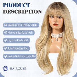 HAIRCUBE Long Blonde Wig with Bangs Layered Curly Wigs for Women Natural Synthetic Wigs for Daily Use (pelucas de cabello natural)