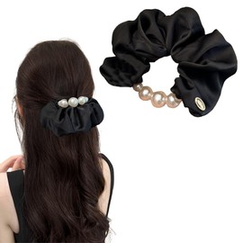 Pearl Chain Satin Scrunchie, Black, Hair Elastic, Optional, Gentle on Hair, High Elastic, Stylish, Adult, Women, Hair Accessories, Mother's Day Gift