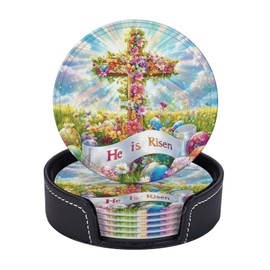 Coasters for Drinks with Holder Easter Rabbits Leather Coasters 6 Pcs Easter Cross with Flowers and Eggs Drink Coasters Sets for Living Room Kitchen Coffee Bar Easter Decor