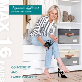 RONCHIL Shoe Organizer for Closet, Foldable Shoe Storage Bins with Clear Cover, Space Saving Shoes Holder with 4 Handles, Large Adjustable Shoe Box Storage Containers, Fits 8-16 Pairs, 1 Pack, Black