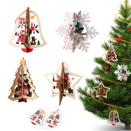KASESSS 4 Pcs Christmas Tree Decorations, 3D Christmas Decorations, Xmas Wooden Pendants, Bells Pentagram Snowflake Christmas Tree Hanging Ornaments Baubles Indoor for Home Office Winter Decor