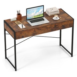 Tangkula Computer Desk with 2 Drawers, 44 Inch Home Office Desk with Metal Frame & Anti-Toppling Device, Modern Writing Desk Study Desk, Compact Laptop PC Desk for Small Space (Rustic Brown)