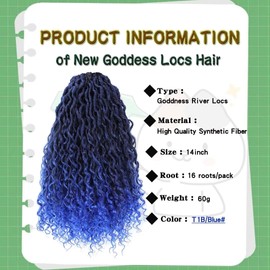 Blue River Locs Crochet Hair 8 Packs 14Inch New Goddess Locs Crochet Hair Curly Faux Locs Crochet Hair for Black Women Boho Hippie Style Crochet Braids Hair（#1B/Blue 14inch 8 packs）