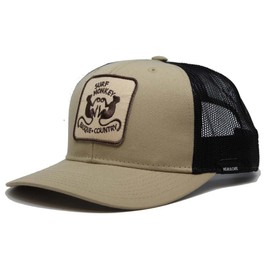 SURF MONKEY Recycled Trucker Cap - Curved Visor - Adjustable Snapback Cap - Embroidery Patch 6 Panels Design - Surfing The Basque Country, beige