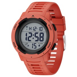 GOLDEN HOUR Mens Waterproof Digital Sport Watches Wide Screen Easy Read Display Military Style with Red Rubber Strap