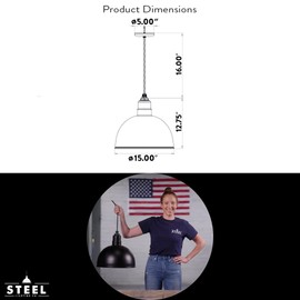 Steel Lighting Co. Rose Bowl Pendant | Ceiling Mounted Light | 15 inch Dome | Black Cord | Heavy Duty Steel Farmhouse Barn Style Made in America | Matte Black Exterior/Brass Interior