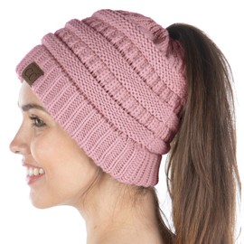 Funky Junque Exclusives BeanieTail Messy Bun Ponytail Beanie Hat - Indi Pink