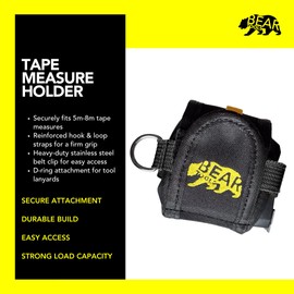 Tape Measure Holder with Belt Clip – Secure Tool Tethering for 5m-8m Tapes, D-Ring for Tool Lanyards, Hook & Loop Straps – Ideal for Construction, Scaffolding & Work at Height Safety
