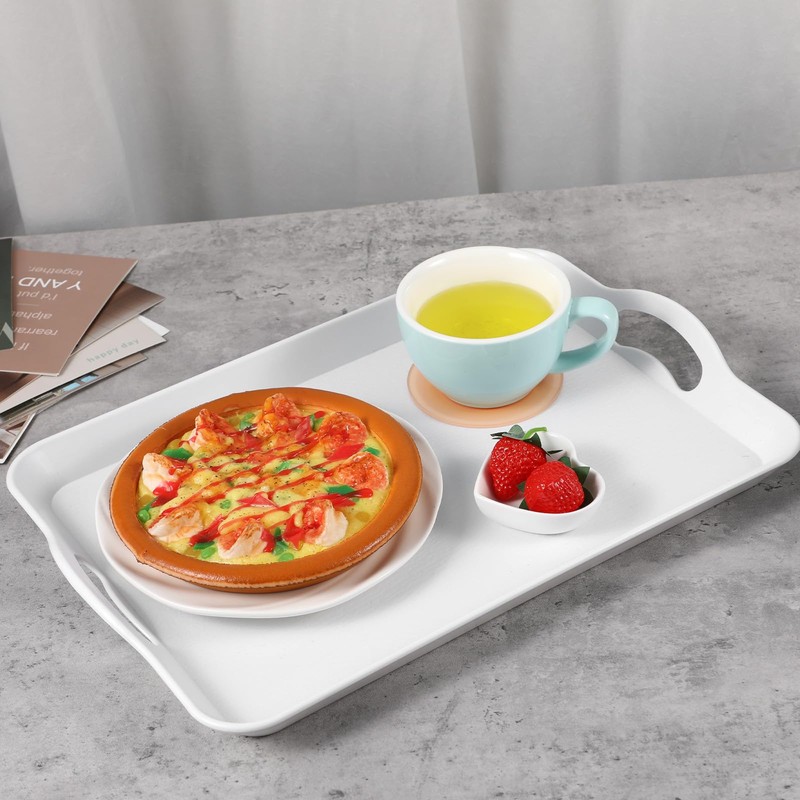 2 Pack Melamine Serving Trays with Handles, Large White Rectangular