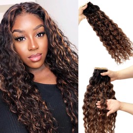 Water Wave Tape in Human Hair Extensions 20 Inch Curly Wave Brazilian Remy Human Hair Skin Weft Seamless Invisible Tape ins for Black Women Balayage Natural Black to Brown Highlights Human Extension