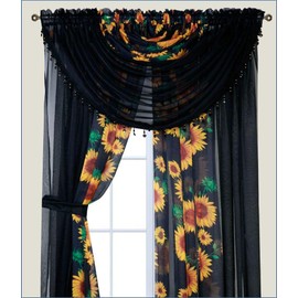 Sapphire Home Floral Sheer Curtains - 4 Panels Set with Valance, 84" Long, Light Filtering Privacy Voile Window Curtains for Living Room, Bedroom, Kitchen, Dining Room - Sunflower/Black
