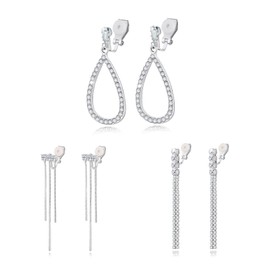 HZMAN 3Pair Clip on Earrings for Women Non Pierced Silver Long Tassel/Teardrop Crystal Cubic Zirconia Dangle Drop Earring Party Wedding Jewelry Gift