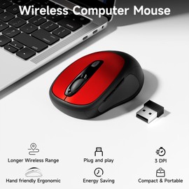 memzuoix Wireless Mouse, 2.4GHz Nano Receiver, 3 DPI Levels (800/1200/1600), 6 Buttons, Compatible with PC/Mac/Laptop - Red