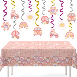 is.lumii | Groovy Party Decorations | Disposable Tablecloths 54 x 108 Inches | 12pcs Hanging Swirls | Retro Hippie Boho Baby Groovy One Two Birthday Decoration(Daisy and Rainbow Pattern)