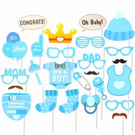 Baby Shower Decorations, 25 Pcs Gender Reveal Photo Booth Props for Cupcake Toppers, Photo Props, Birthday Party (Blue)…