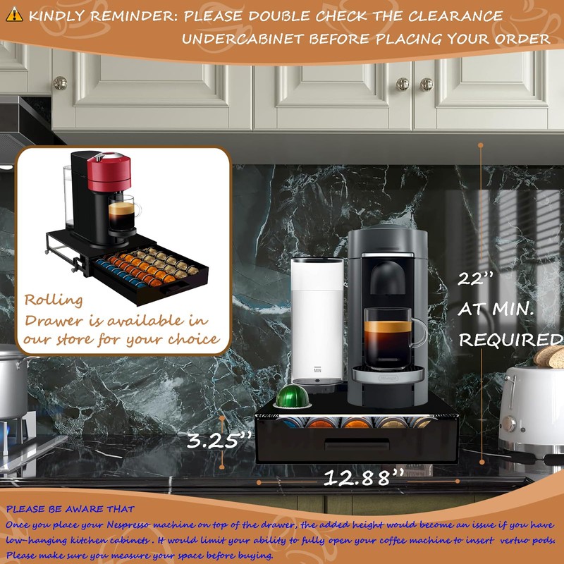 Vertuo Pod Holder Drawer with Deluxe Black Tempered Glass Top,