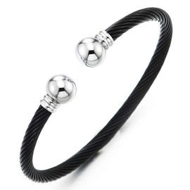 COOLSTEELANDBEYOND Silver Black Elastic Adjustable Stainless Steel Twisted Cable Cuff Bangle Bracelet for Men Women(CA)