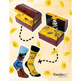Rainbow Socks - Pirate Treasure Box Socks - Women's Men's Novelty Pirate Socks in Box - A Socks Gift for Pirate Fans in a Pirate Chest - 2 Pairs, Pirate Treasure
