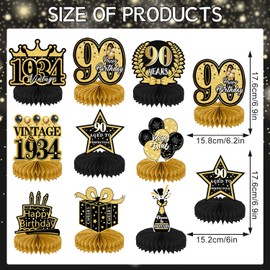 Refavor 90th Birthday Decorations - 9PCS 90th Birthday Party Decorations for Men Women Black Gold 90th Birthday Party Decor Happy 90 Years Old Party Vintage 1934 Honeycomb Centerpiece Table Decoration