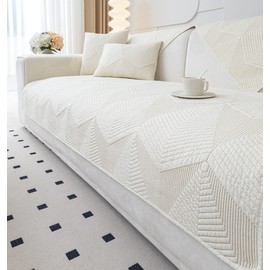 vctops Farmhouse Solid Color Embroidery Sofa Couch Cover Cotton Quilted Sectional Couch Covers Washable Non Slip Sofa Slipcover for Dogs, Children, Pets Furniture Protector (Cream,36"x36")