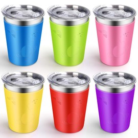 ShineMe No Spill Cups for Toddlers, 6pack Stainless Steel Kids Cups with Lids, 12oz Metal Cups for Kids, Toddlers, Preschoolers, Adults with Removable Vibrant Color Sleeves for Cold/Hot Drinks