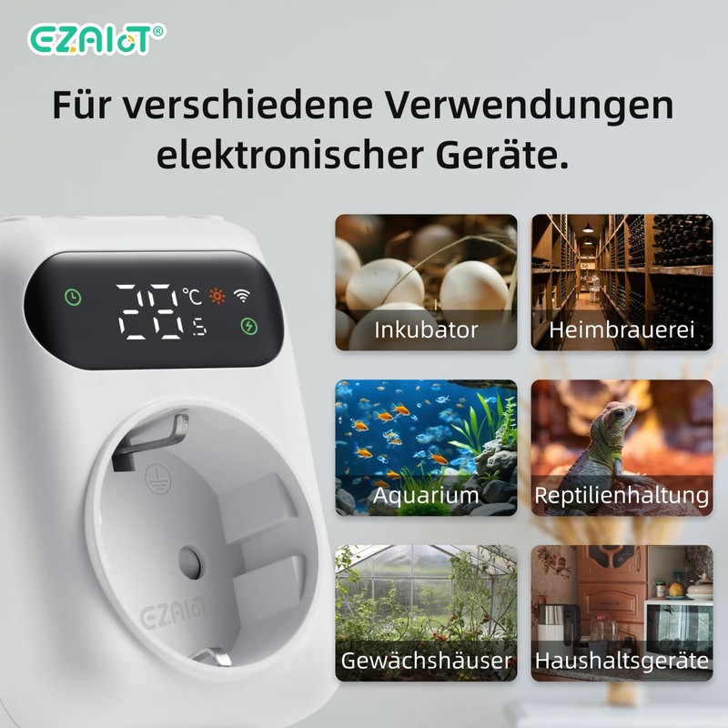 EZAIoT WLAN Socket Thermostat - Heating/Cooling/Timer, Includes 3 m &
