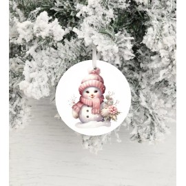 Twisted R Design Cute Pink Snowman Hat Ceramic Christmas Ornament, Christmas Tree Decoration