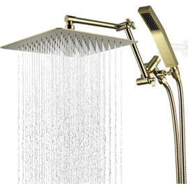 G-Promise All Metal 10 Inches Rainfall Shower Head with Handheld Spray Combo, 3 Settings Diverter, Adjustable Extension Arm with Lock Joints, 71 Inches Stainless Steel Hose (Polished Brass)